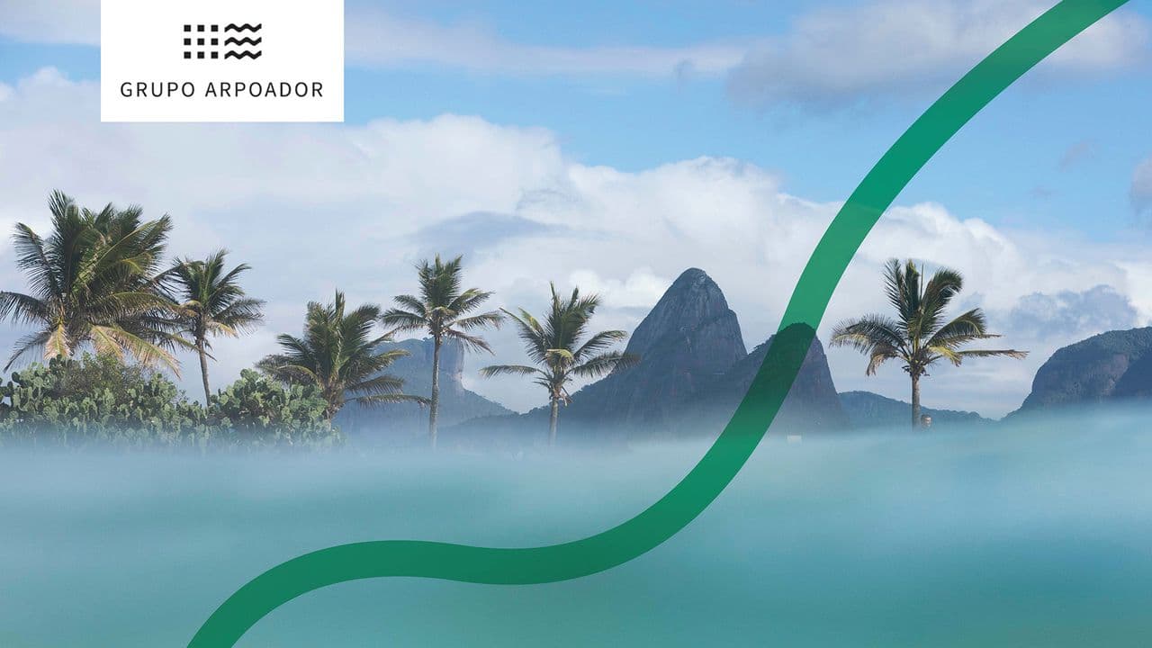 Palm trees and the Dois Irmãos mountains seen from the water at Arpoador, Rio de Janeiro.